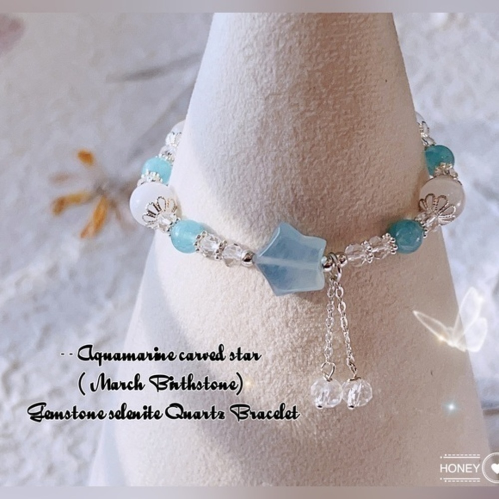 - - Aquamarine carved star ( March Birthstone) Gemstone selenite Quartz Bracelet